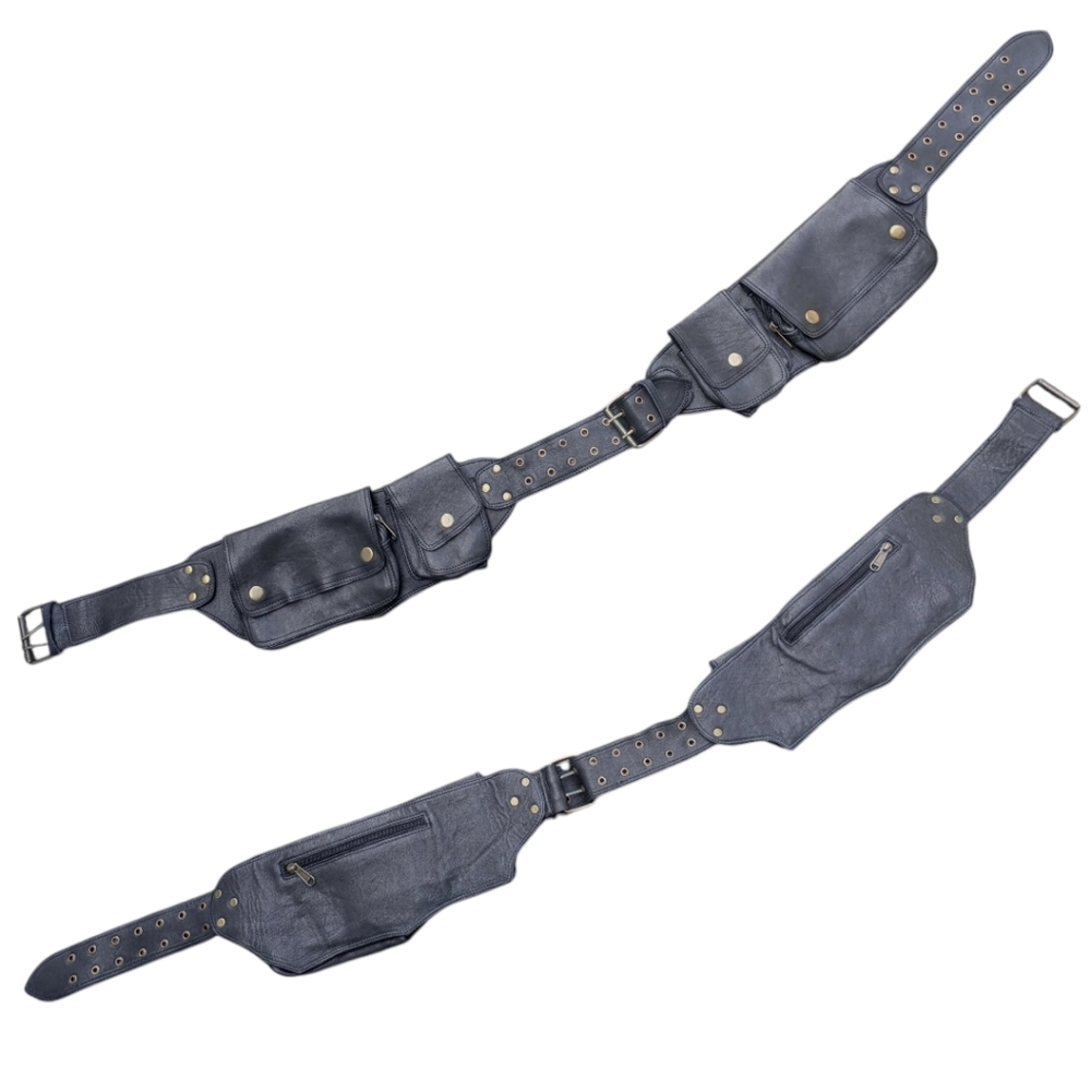 Vintage Black Multi-Pocket Leather Waist Belt